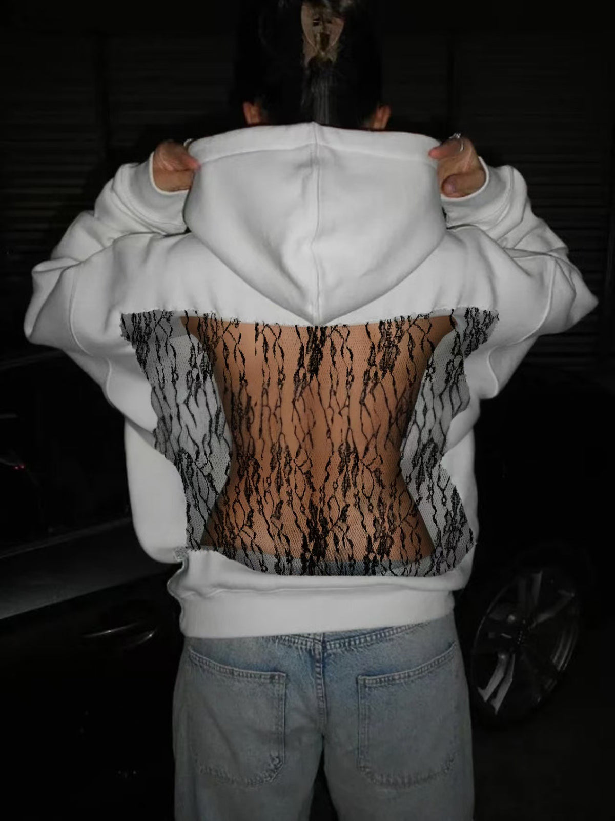 European style solid-color backless mesh-covered netted hooded pullover hoodie