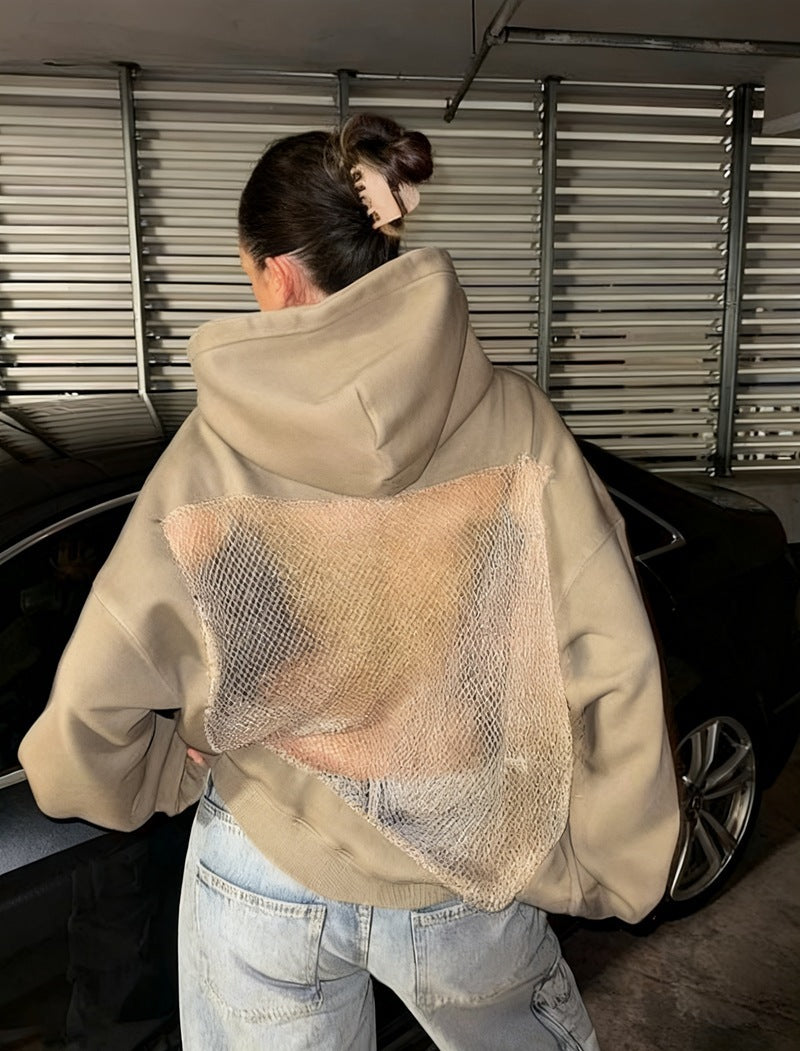 European style solid-color backless mesh-covered netted hooded pullover hoodie